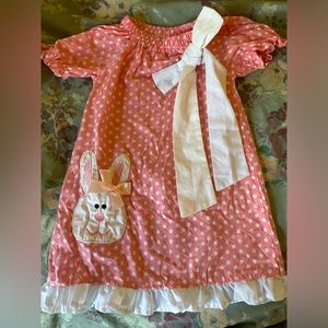 EUC Toddler Girls Small Pink Polka Dot Bunny Dress With Bow Worn Once